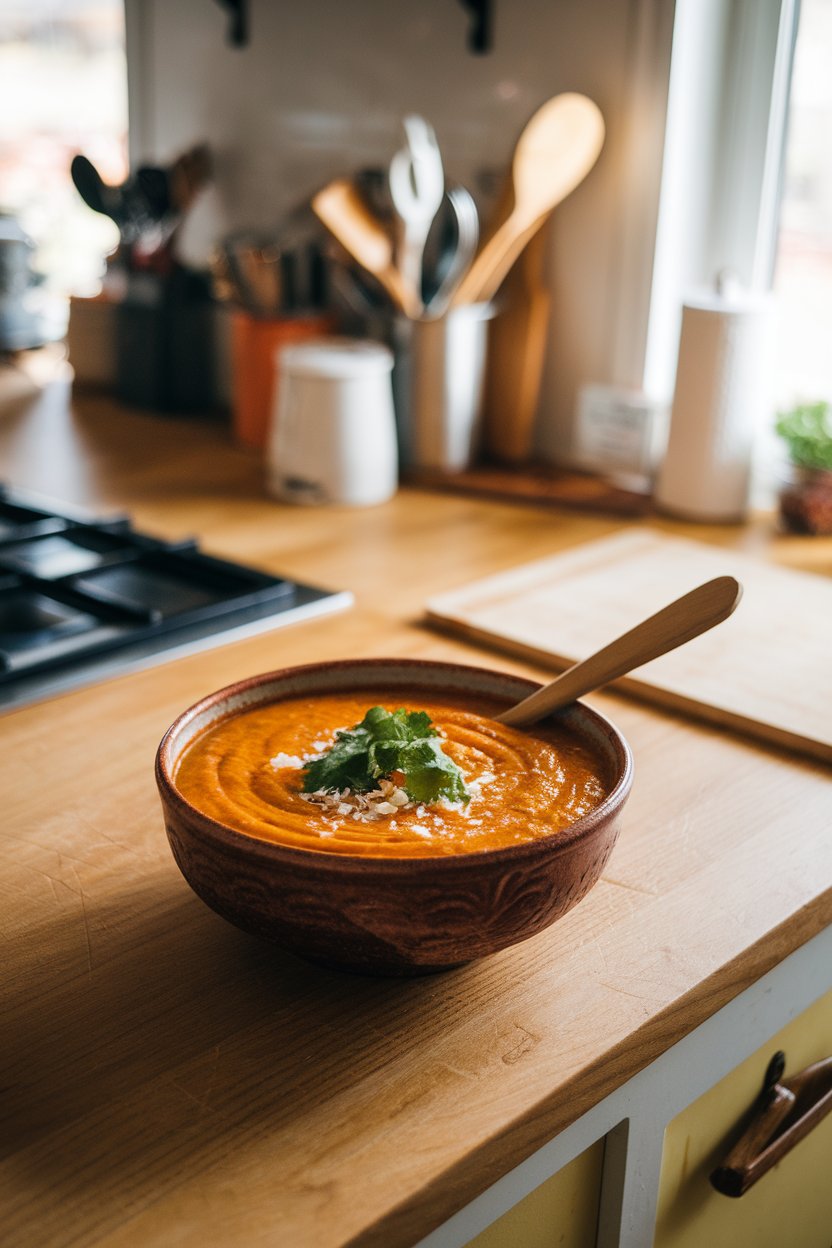 Indoor kitchen island with a ceramic bowl of creamy orange lentil soup garnished with cilantro and coconut flakes. Photo, no text or logos.