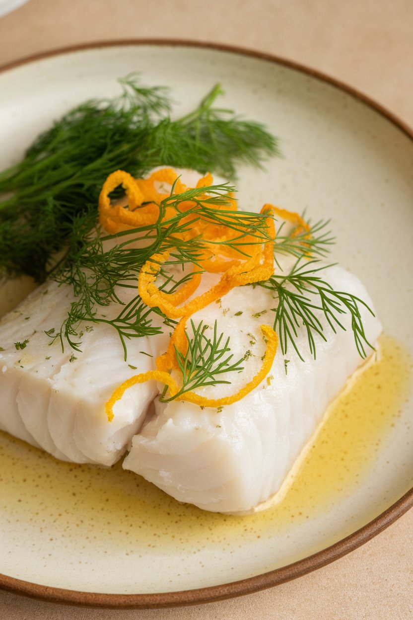 A ceramic indoor plate showing baked cod fillet topped with fresh dill and lemon zest, photo, no text or logos.