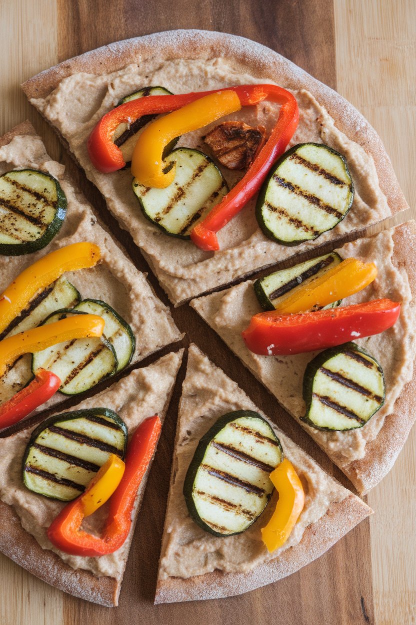 Indoor photo of whole-wheat flatbread topped with hummus, grilled zucchini, and bell peppers, sliced into wedges. No text or logos.