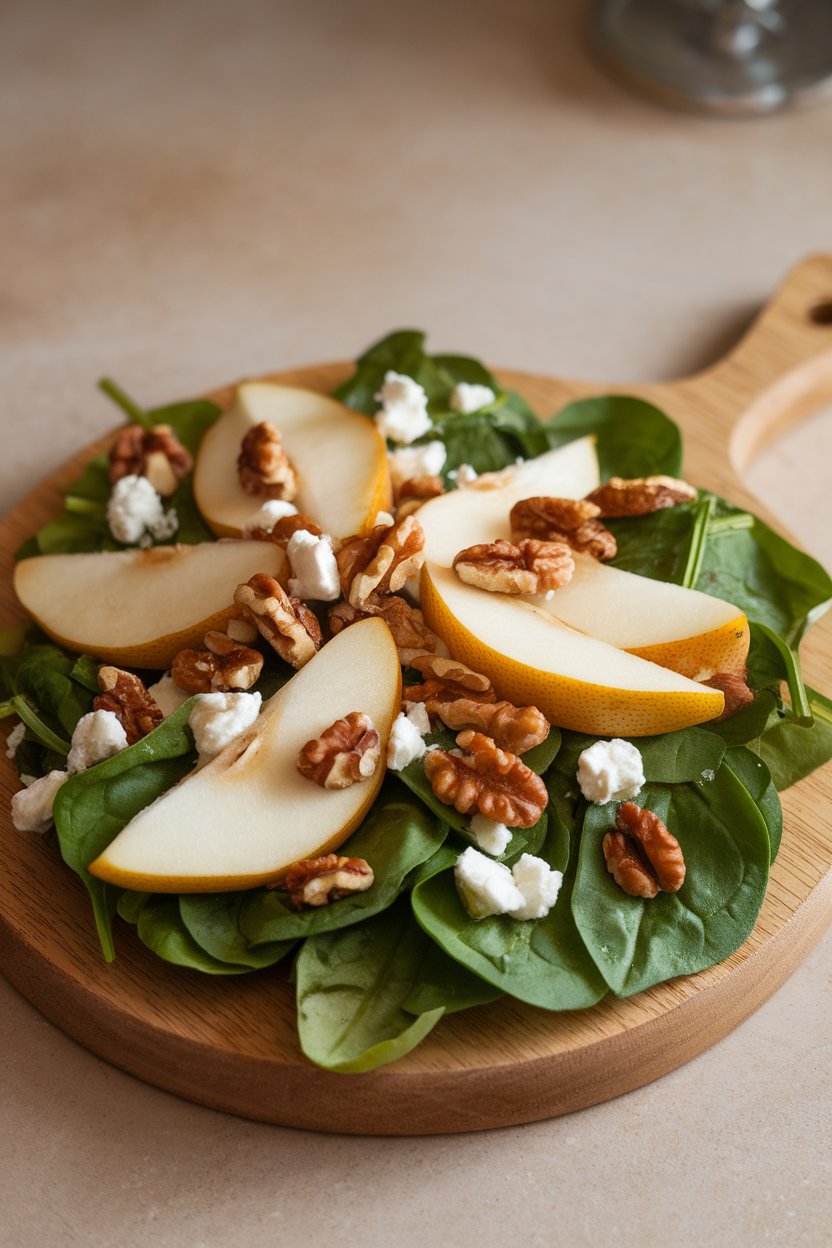 Indoor tabletop of baby spinach topped with sliced ripe pear, toasted walnuts, and crumbled goat cheese. No text or logos.