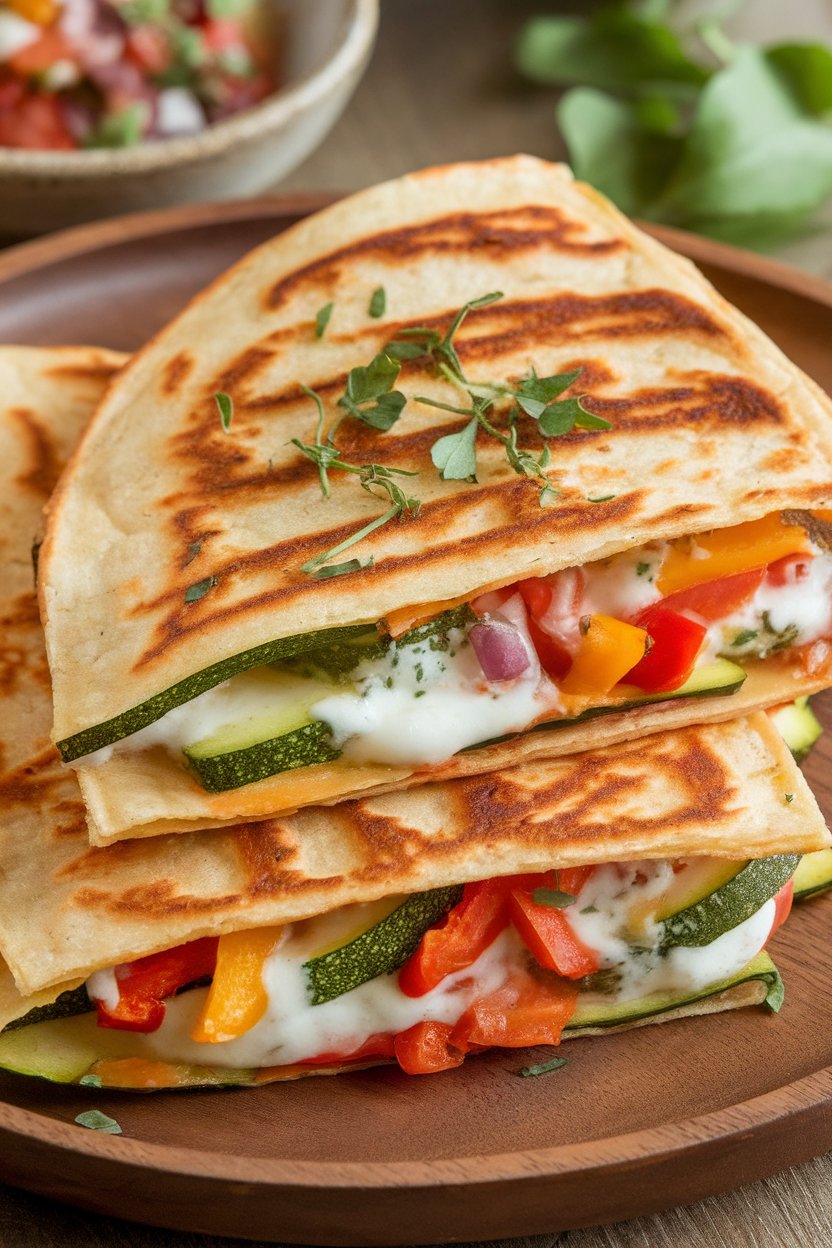 Indoor veggie-packed quesadilla with ribbons of zucchini and melted mozzarella, photo, no text or logos.