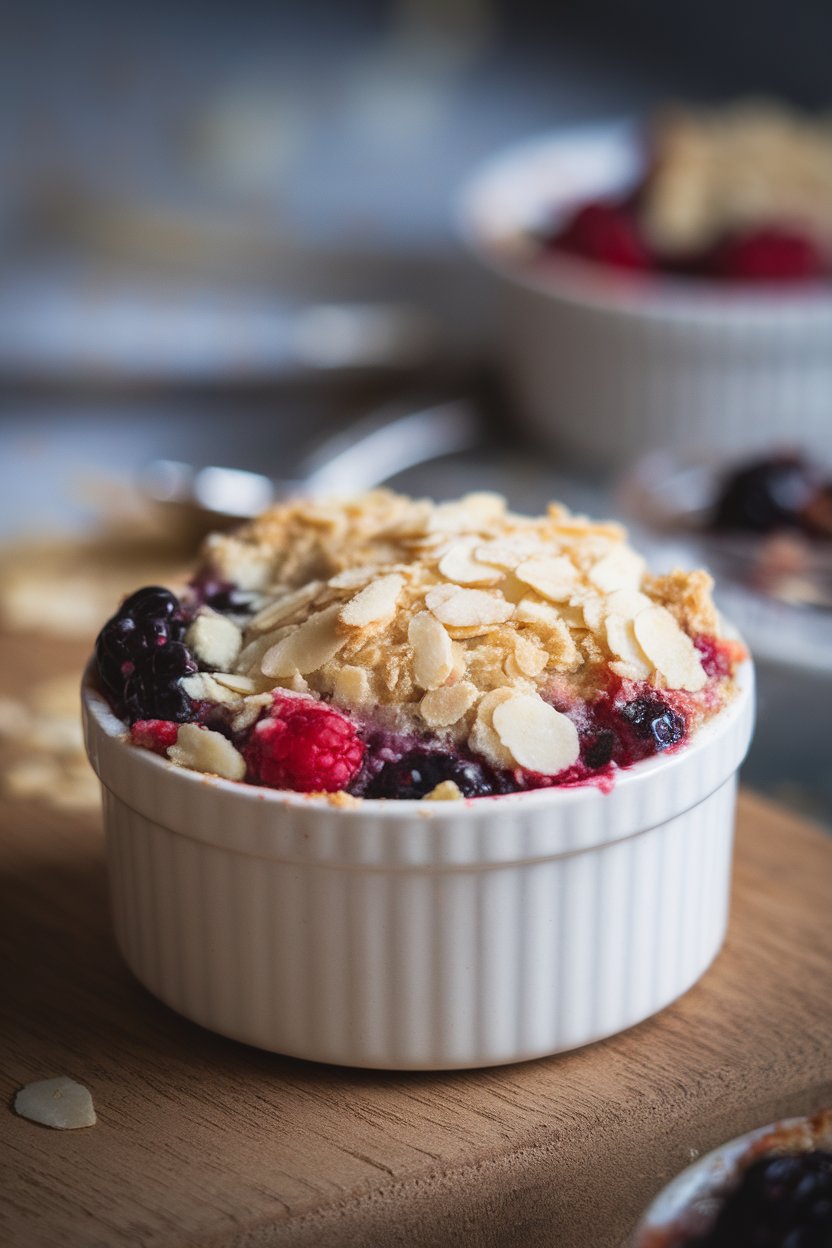 Photo of a ramekin indoors showing bubbling mixed berries under a golden almond flour topping. No logos or text.