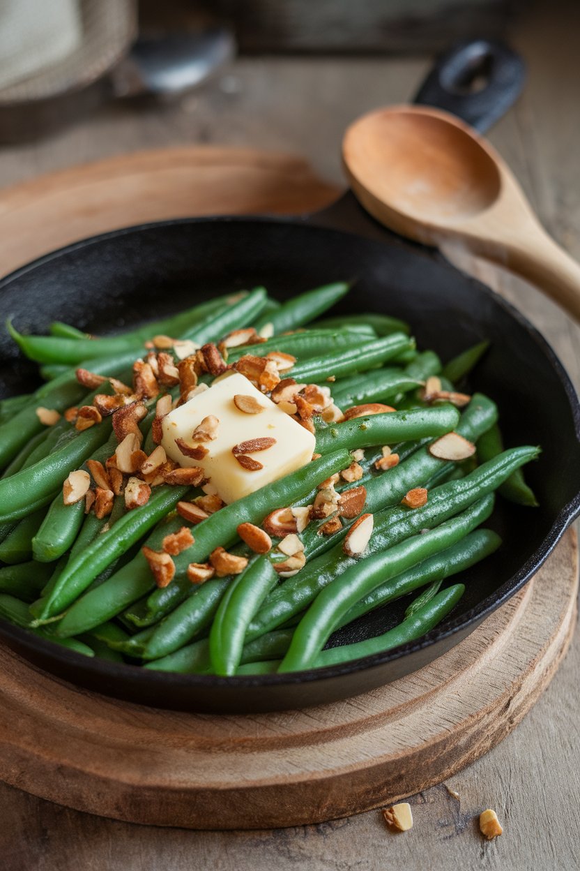 An indoor skillet with bright green beans topped with toasted almond slivers and a pat of butter melting, no text or logos. Photo.