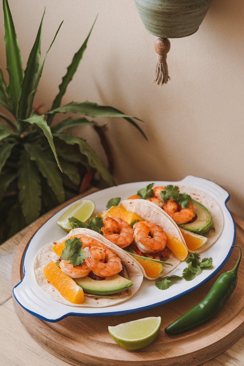 Photo of a white platter indoors featuring grilled shrimp tacos with orange segments and sliced avocado, sprinkled with cilantro. No logos or text anywhere.
