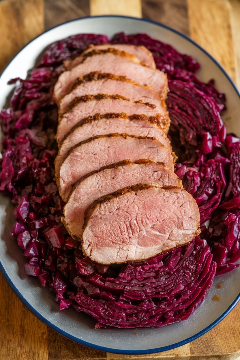 Indoor food photo of sliced pork tenderloin over braised red cabbage on a platter; no text or logos.