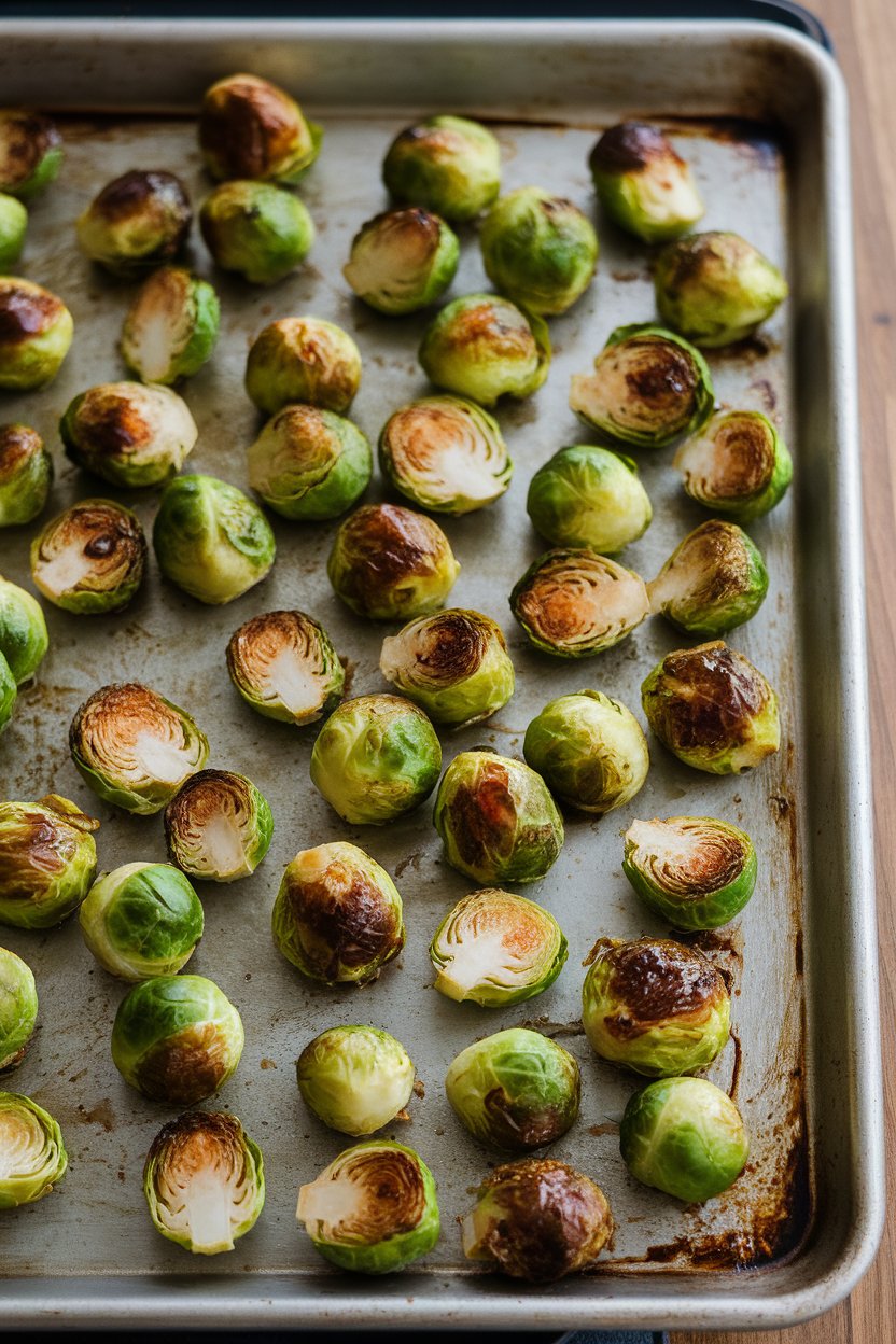 Indoor photo of a baking sheet with roasted Brussels sprouts glazed in balsamic vinegar, edges crisp, no text or logos.