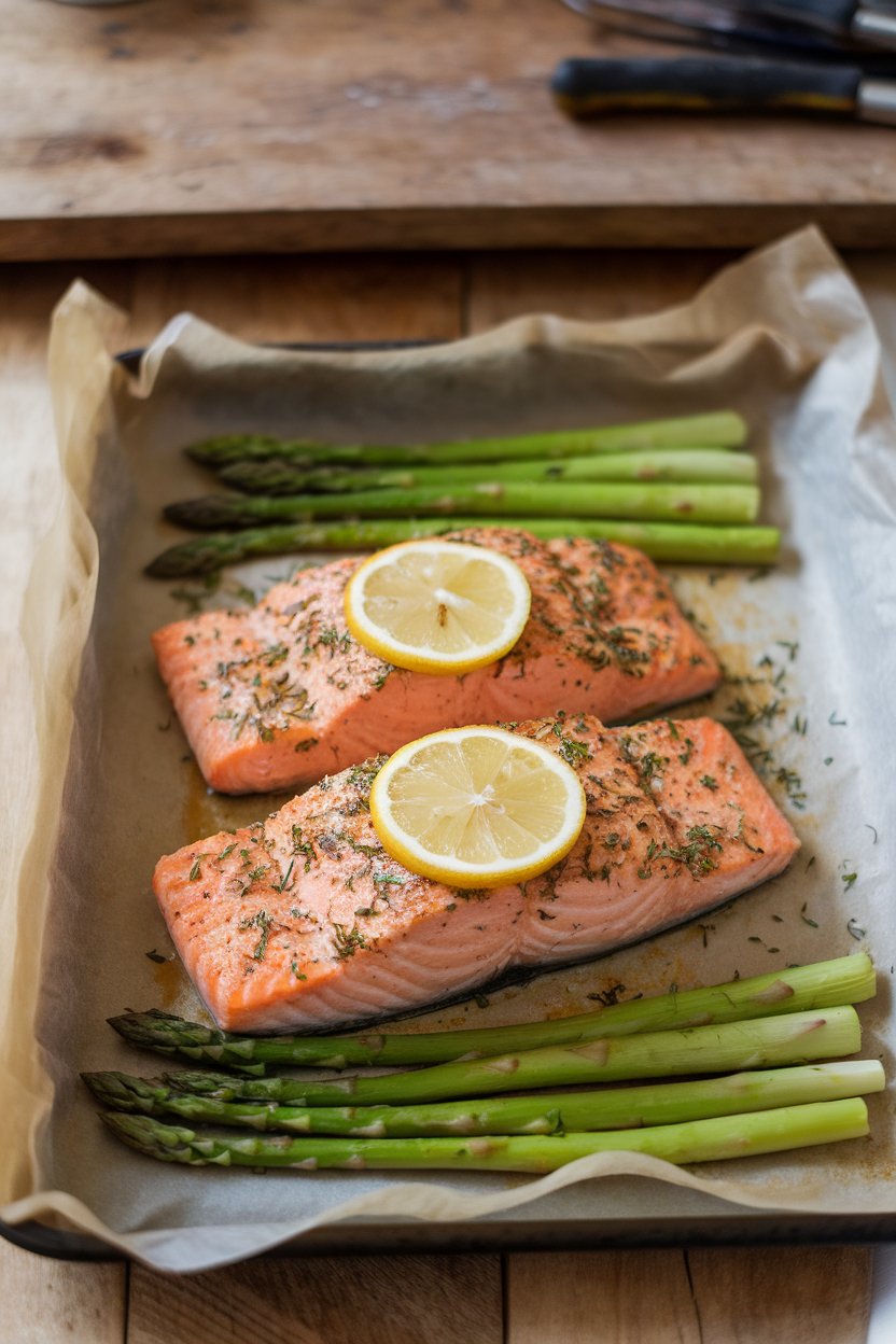 Photo of an indoor dining table featuring a parchment-lined tray of cooked salmon fillets beside tender asparagus spears, lemon slices on top, no text or logos