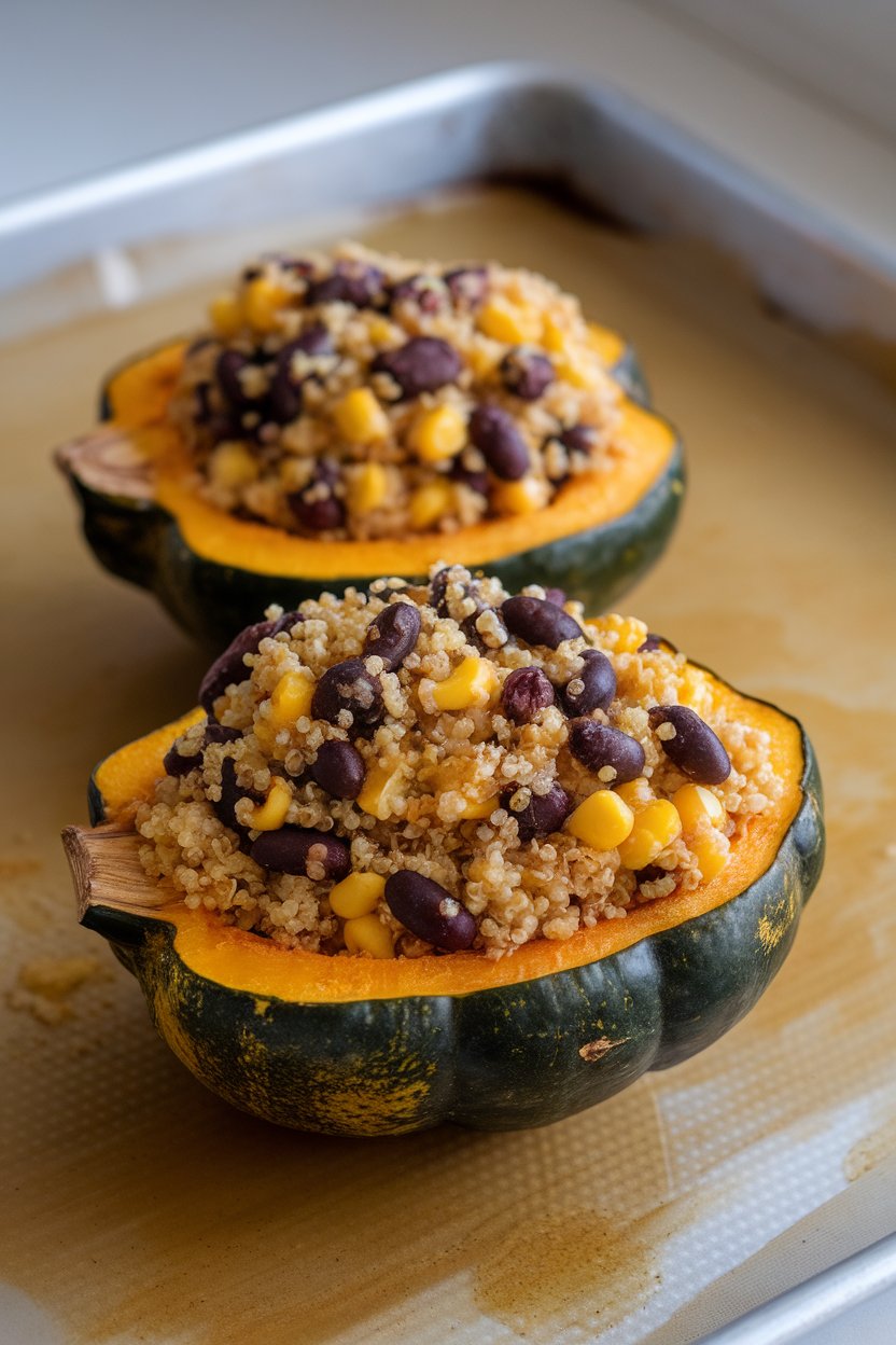 Photo of halved acorn squash filled with quinoa, black beans, and corn, placed indoors on a baking sheet. No branding or text visible.