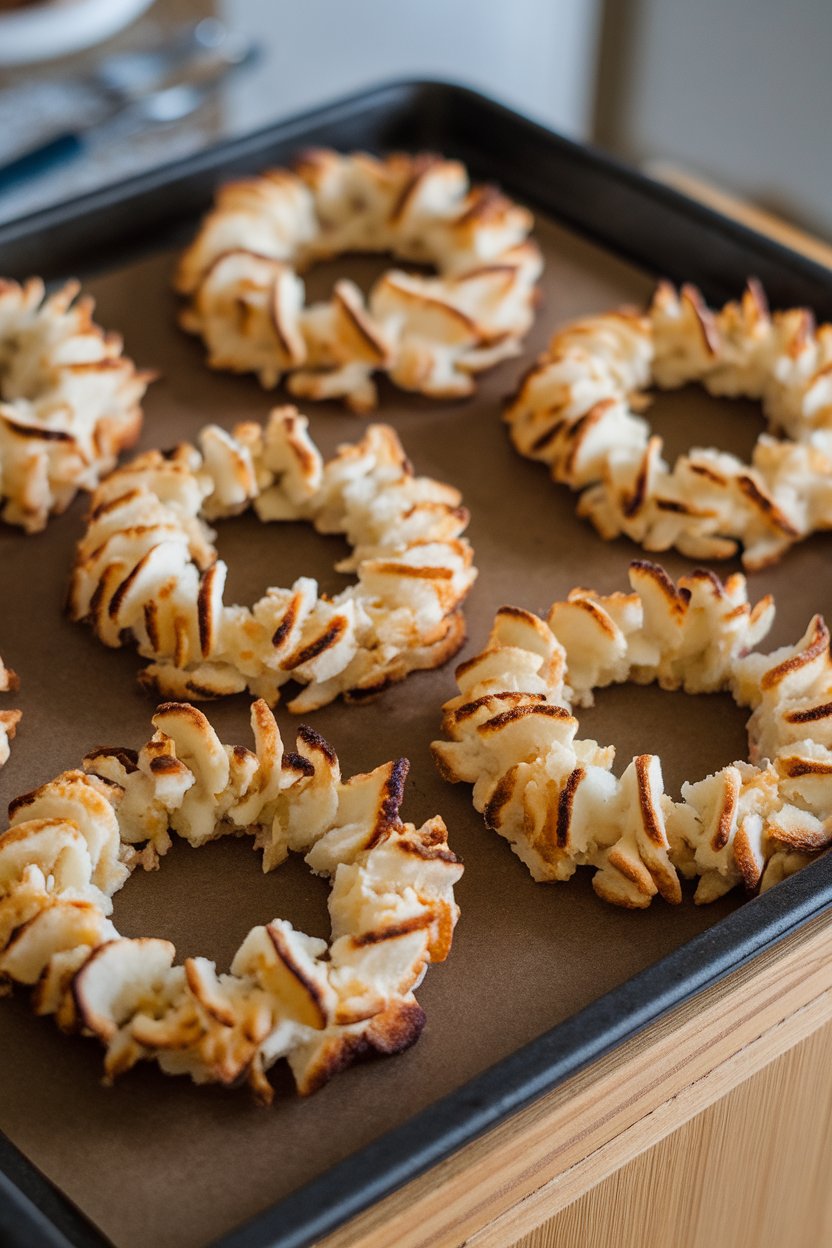 Circular coconut macaroons arranged like mini wreaths on an indoor baking tray, edges toasted golden. No text or logos.