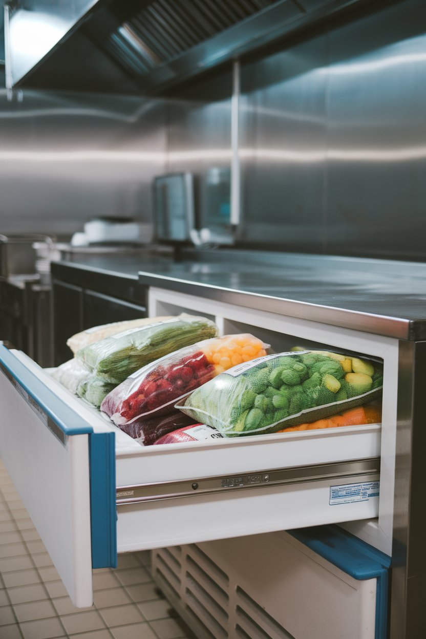 Indoor photo of a freezer drawer open to bags of colorful frozen vegetables, soft interior light, no text or logos