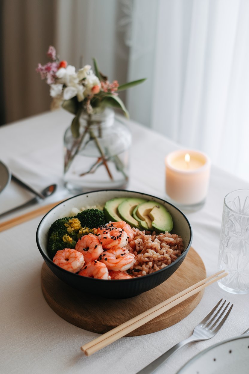 Indoor dinner table with a bowl containing cooked spicy shrimp, sliced avocado, steamed broccoli, and brown rice, sprinkled with sesame seeds. Photo, no text or logos.
