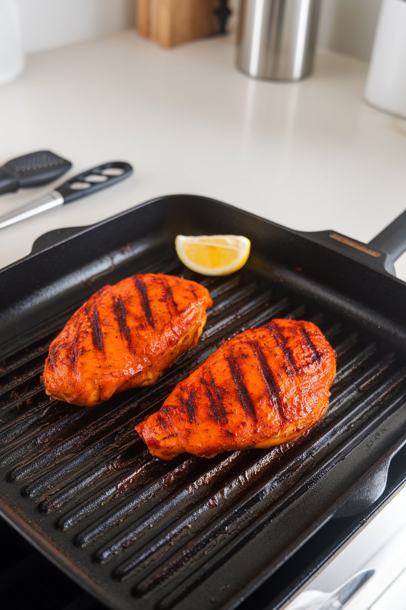 An indoor kitchen counter shot of two boneless chicken breasts coated in deep orange tandoori marinade, resting on a ridged grill pan with char marks. A lemon wedge sits nearby, no text or logos in view. Photo, not illustration.