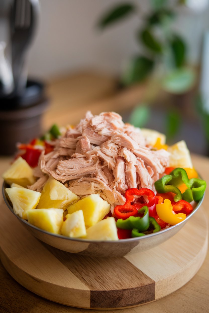 Indoor photo of shredded chicken mixed with pineapple chunks and colorful peppers in a serving bowl, no text or logos
