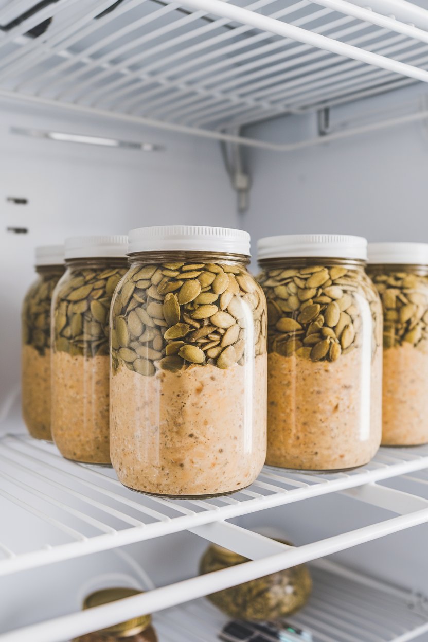 An indoor fridge shelf with jars of pumpkin overnight oats layered with pumpkin seeds, photo, no logos.