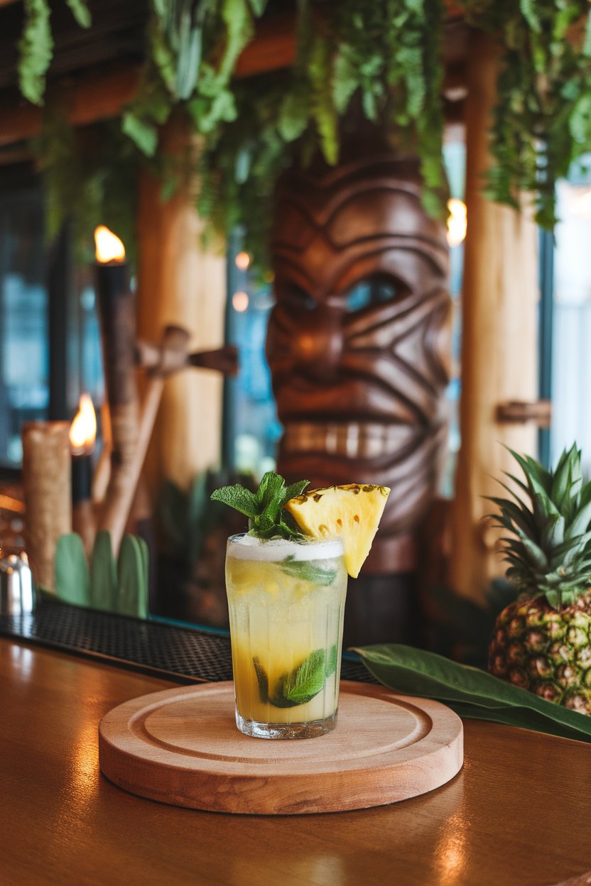 An indoor tiki-style glass filled with golden pineapple mojito, mint sprig and pineapple wedge garnish. No branding present.