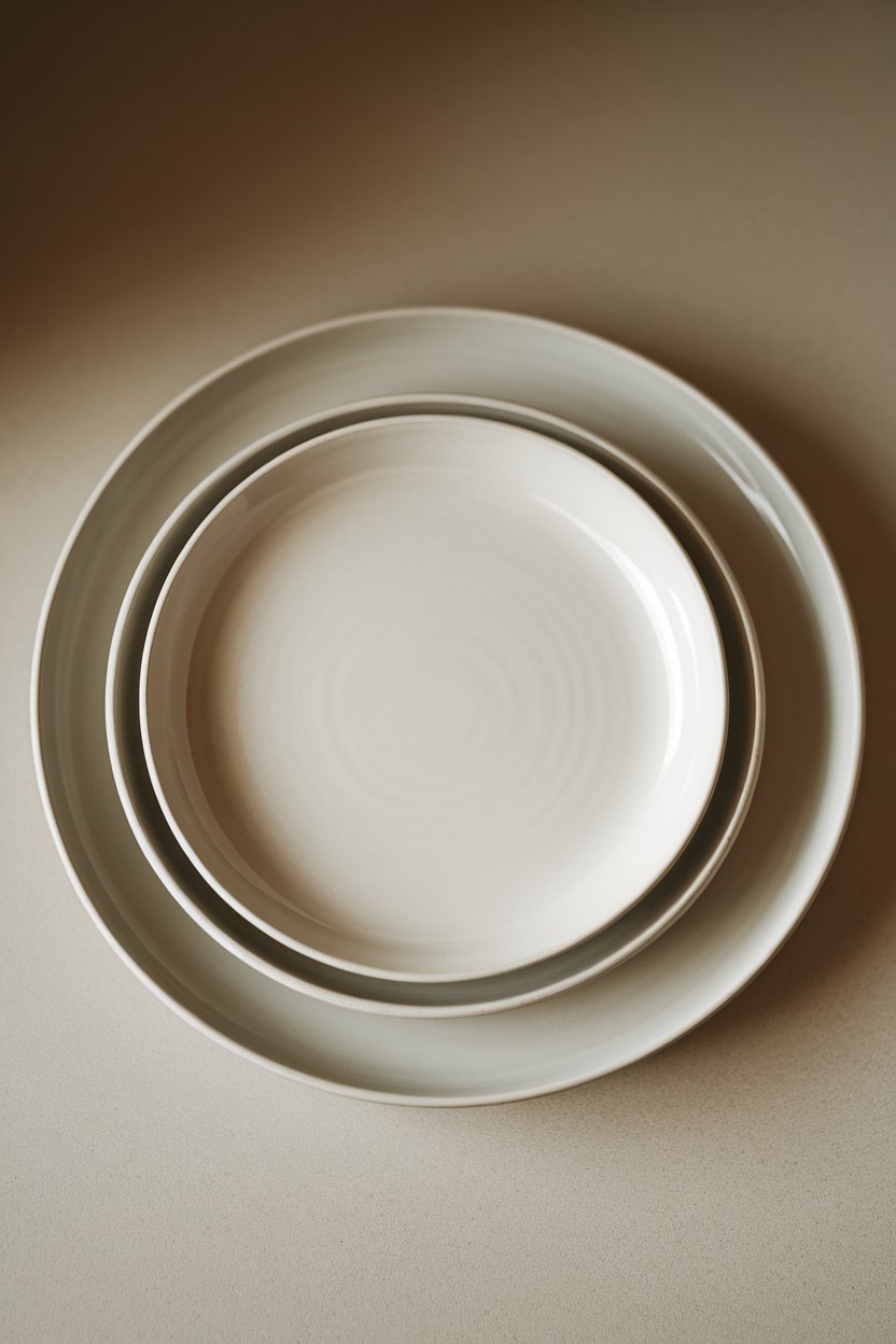 Indoor photo of two stacked white plates, a smaller nine-inch resting neatly on top of a larger twelve-inch, placed on a neutral countertop. Overhead lighting, no text or logos.