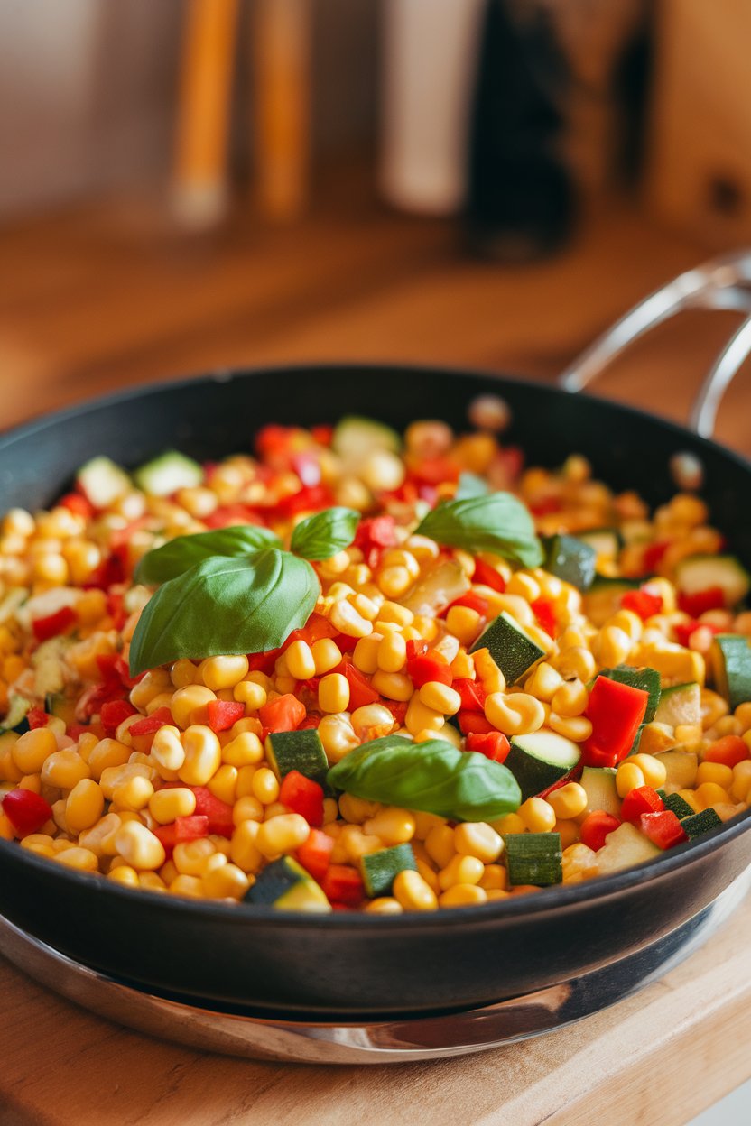 Indoor skillet containing colorful mix of corn kernels, diced zucchini, red bell pepper, and fresh basil. No text or logos.