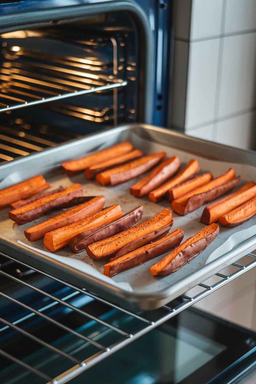 A baking sheet on an indoor oven rack loaded with roasted sweet potato sticks seasoned with paprika; photo, no text or logos.
