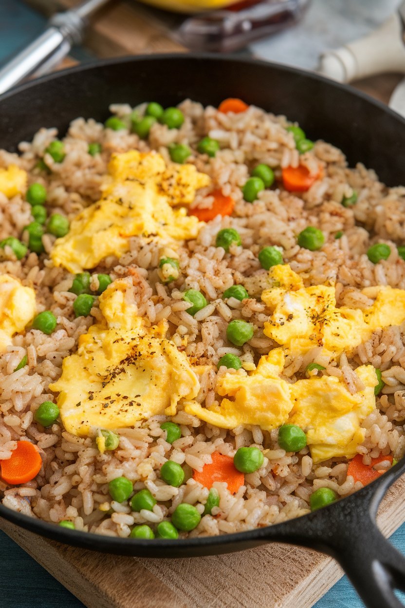 Indoor photo of a skillet of vegetable fried rice made with brown rice and scrambled egg, peas and carrots visible, no text or logos.