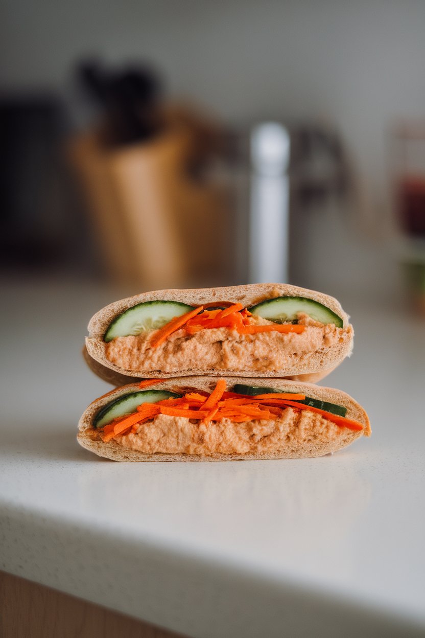 Indoor photo of halved pita stuffed with hummus, cucumber slices, and shredded carrot; clean countertop setting, no text or logos