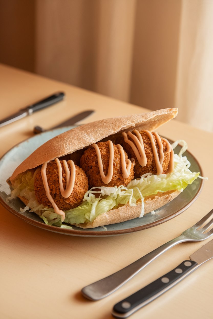 An indoor dining table featuring a whole-wheat pita stuffed with baked falafel balls, shredded lettuce, and tahini drizzle, soft evening lighting, no logos.