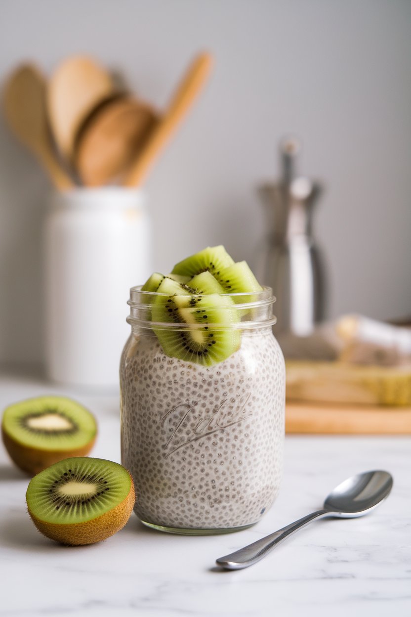 Indoor prep scene showing a mason jar of chia pudding topped with sliced kiwi, spoon resting beside. No logos or text. Photo only.