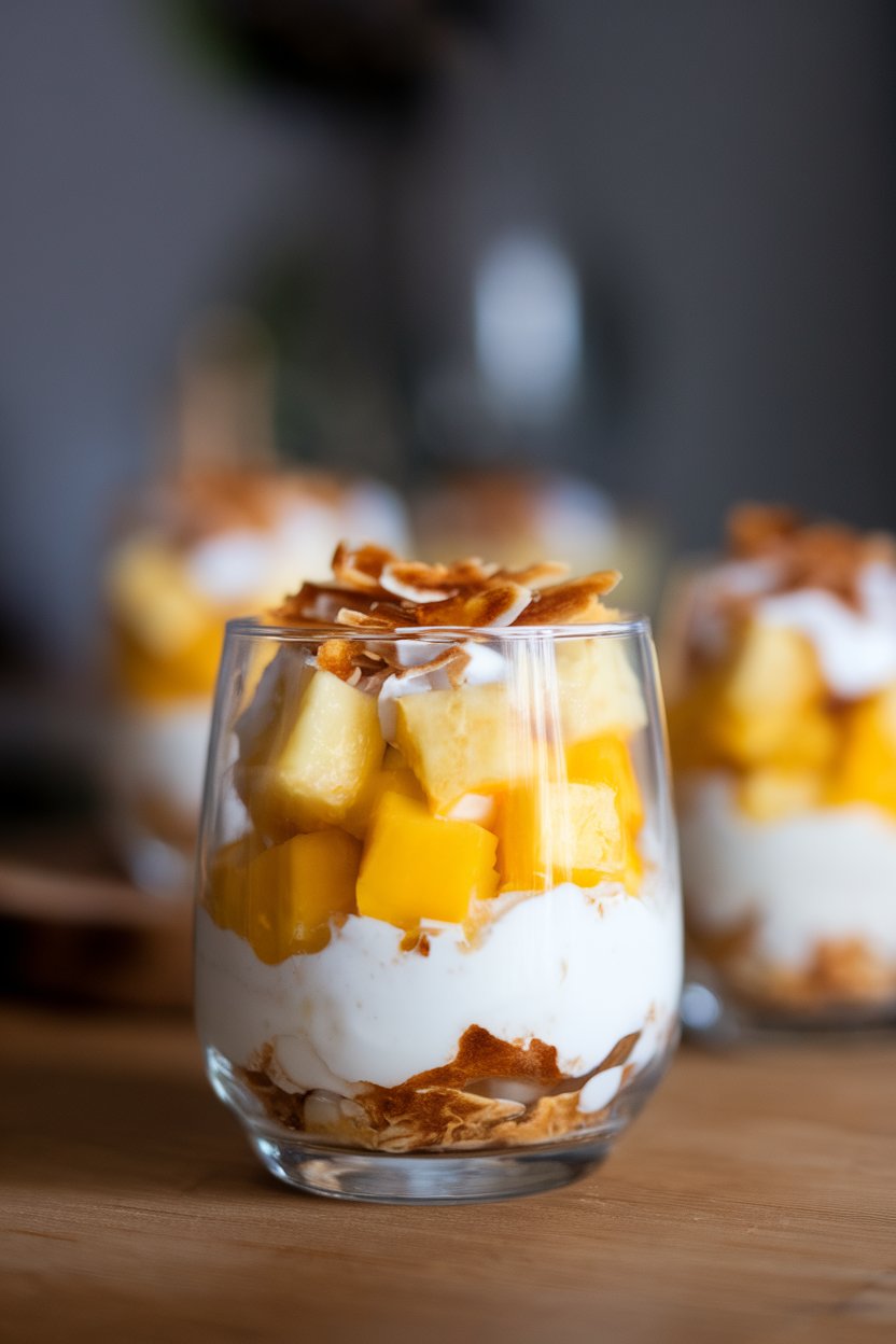 Glass indoors layered with Greek yogurt, diced mango, pineapple chunks, and toasted coconut flakes. No text or logos present.