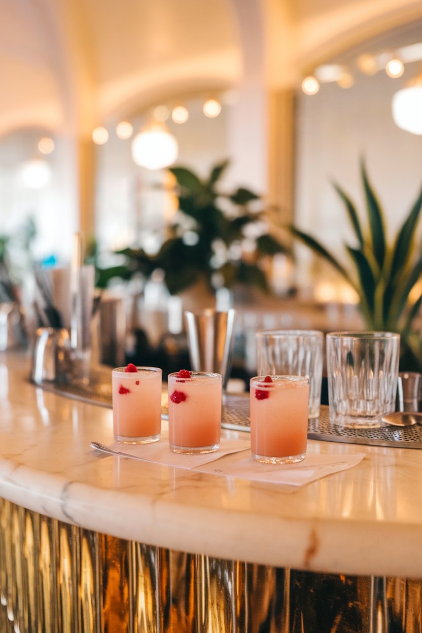 Photo of soft-peach-hued shots with a single raspberry drop inside each, indoor marble bar; no logos.