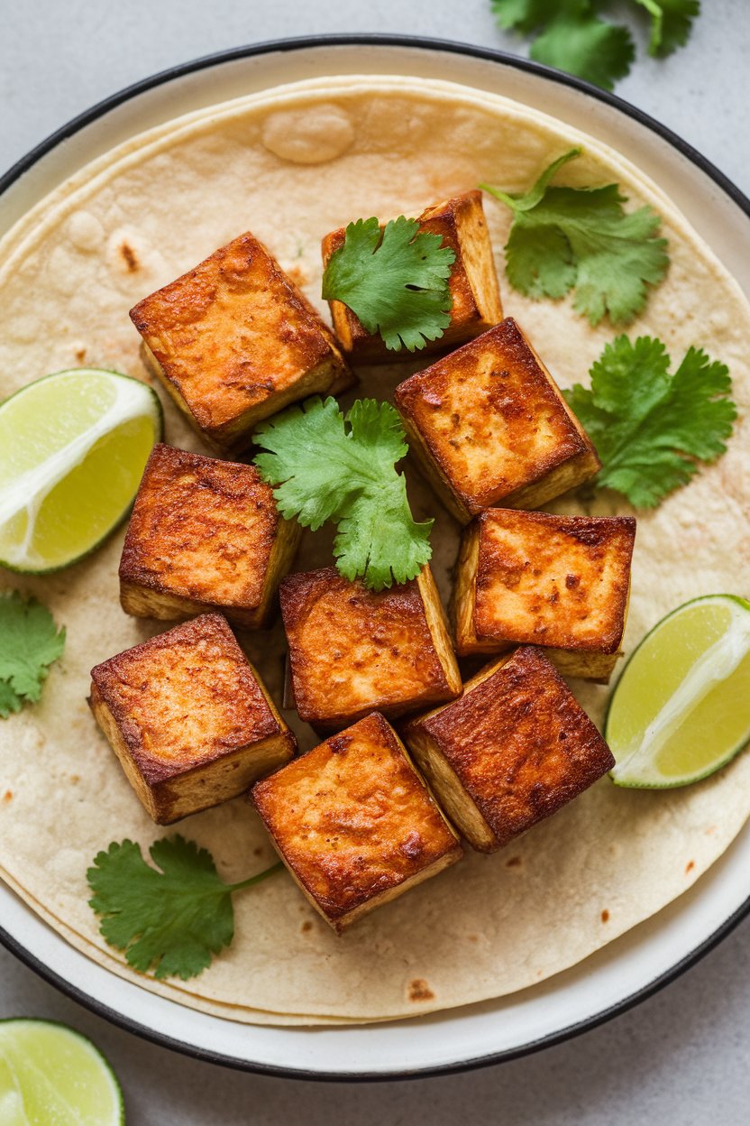 Photo of indoor plate with crispy pan-seared tofu cubes in tortillas, garnished with cilantro leaves and lime wedges. No text or logos.