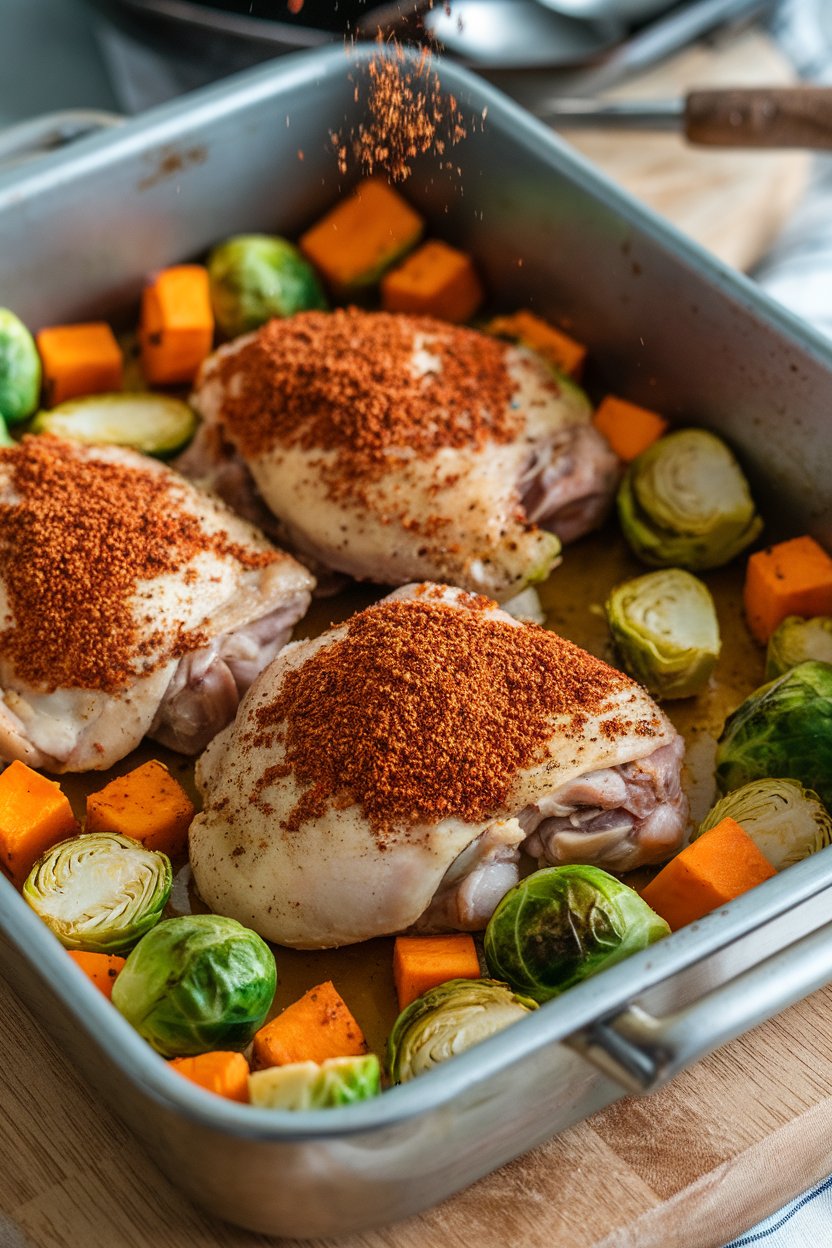 Indoor baking dish of roasted chicken thighs dusted with za’atar, surrounded by Brussels sprouts and sweet potato cubes. No text or logos.