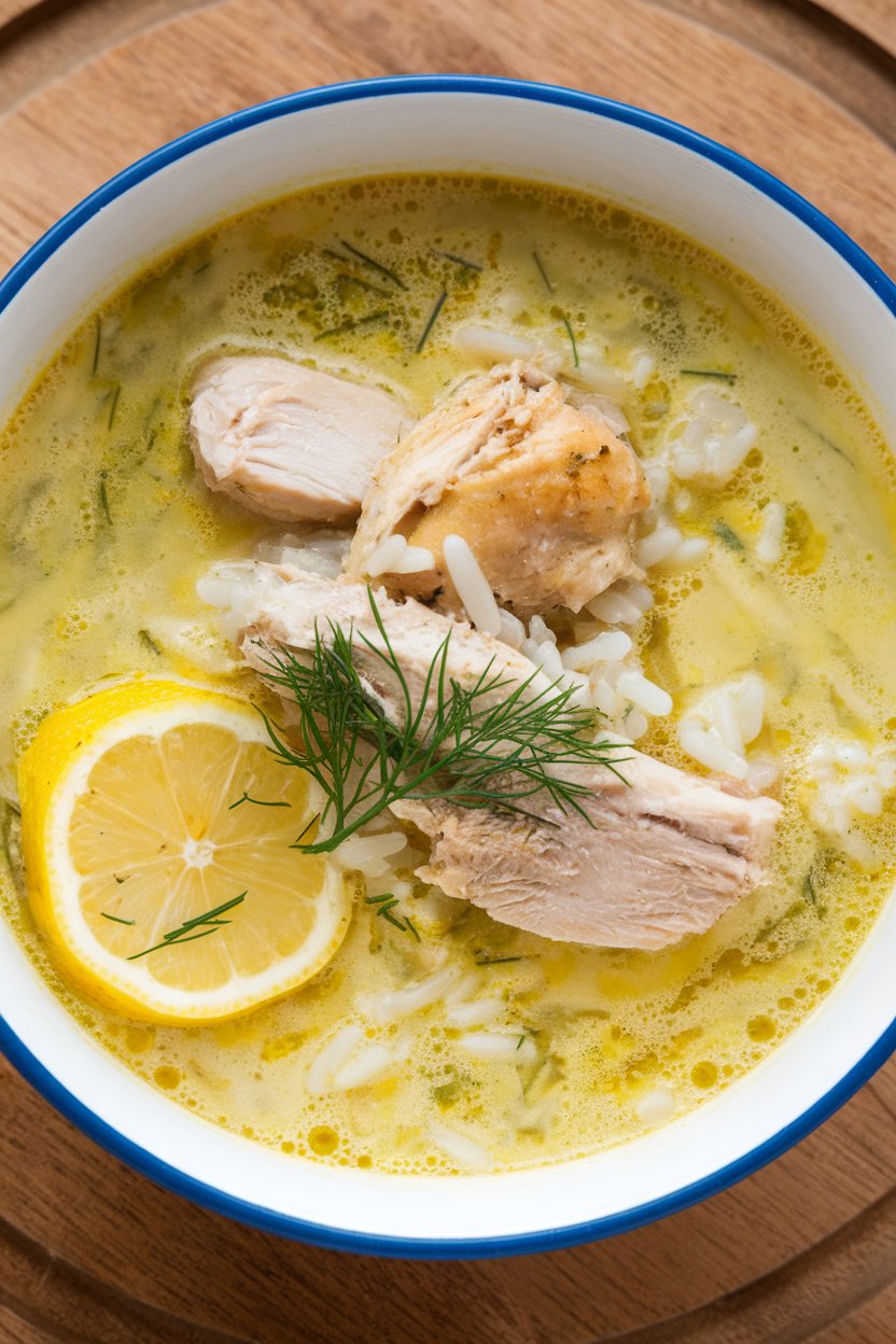 An indoor bowl of avgolemono soup—creamy lemon chicken and rice—garnished with dill; no text or logos.