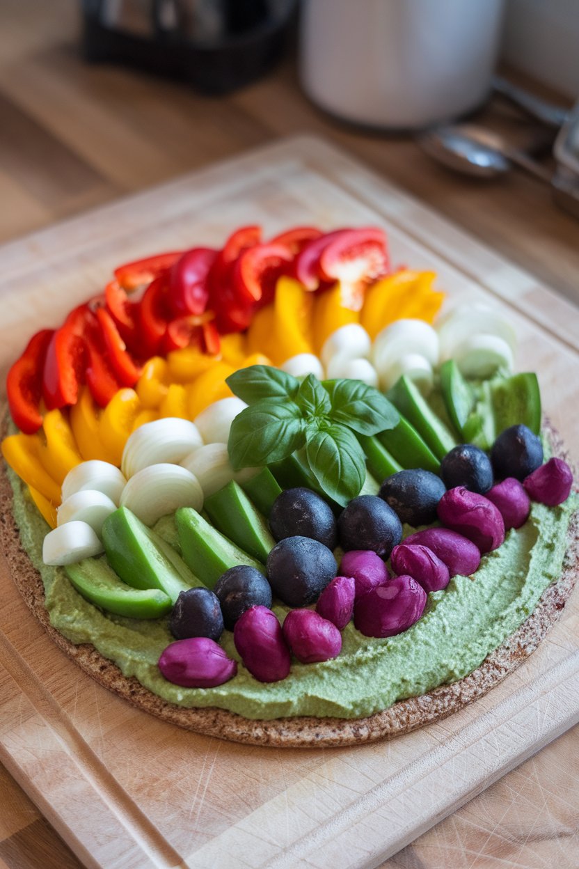 Indoor photo of whole-grain round pizza base spread with green basil hummus and arranged rainbow vegetable rows on a cutting board, no text or logos