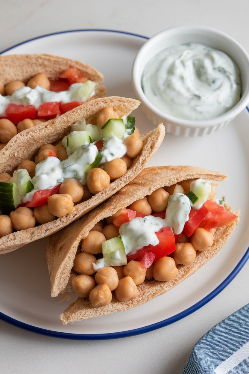 Photo of whole-wheat pita halves stuffed with chickpeas, diced cucumber, tomato, and tzatziki indoors; no text or logos.