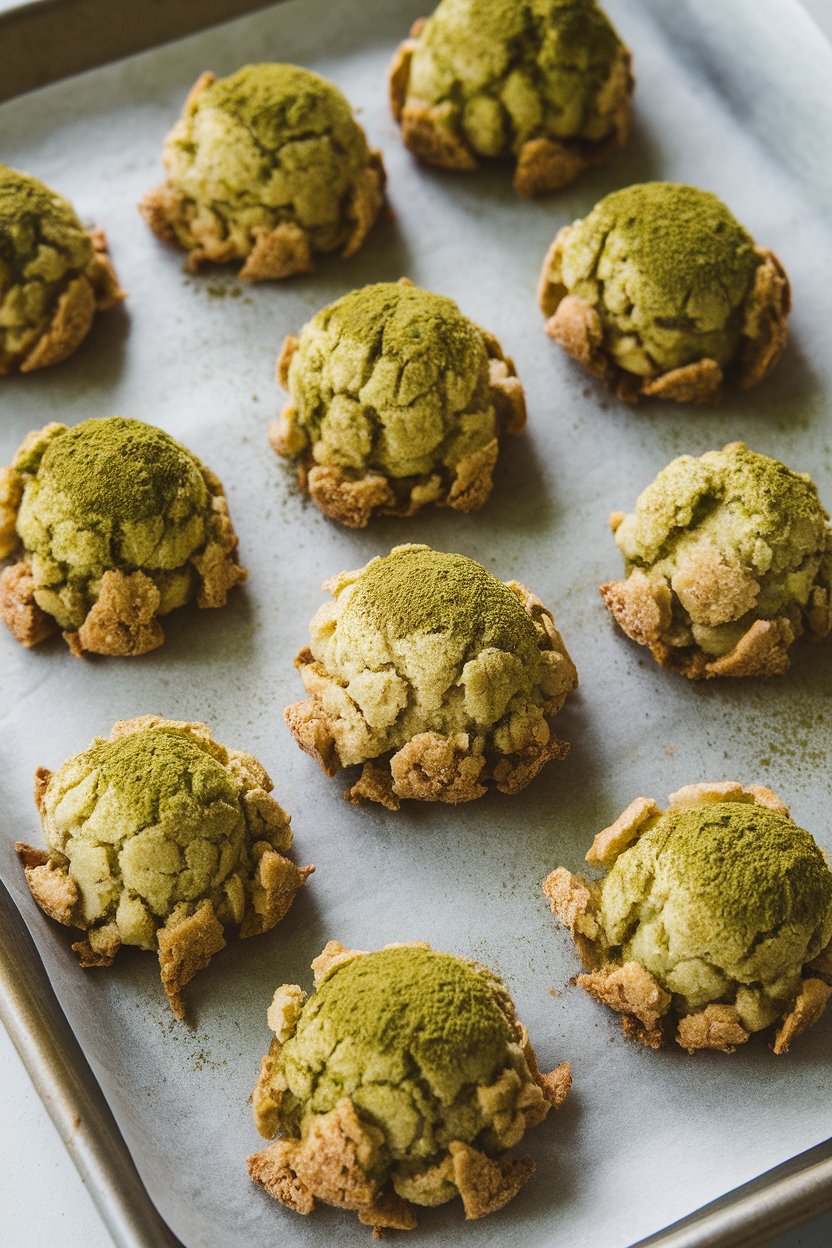 Indoor photo of green-tinged coconut macaroons on a baking sheet. No text or logos.