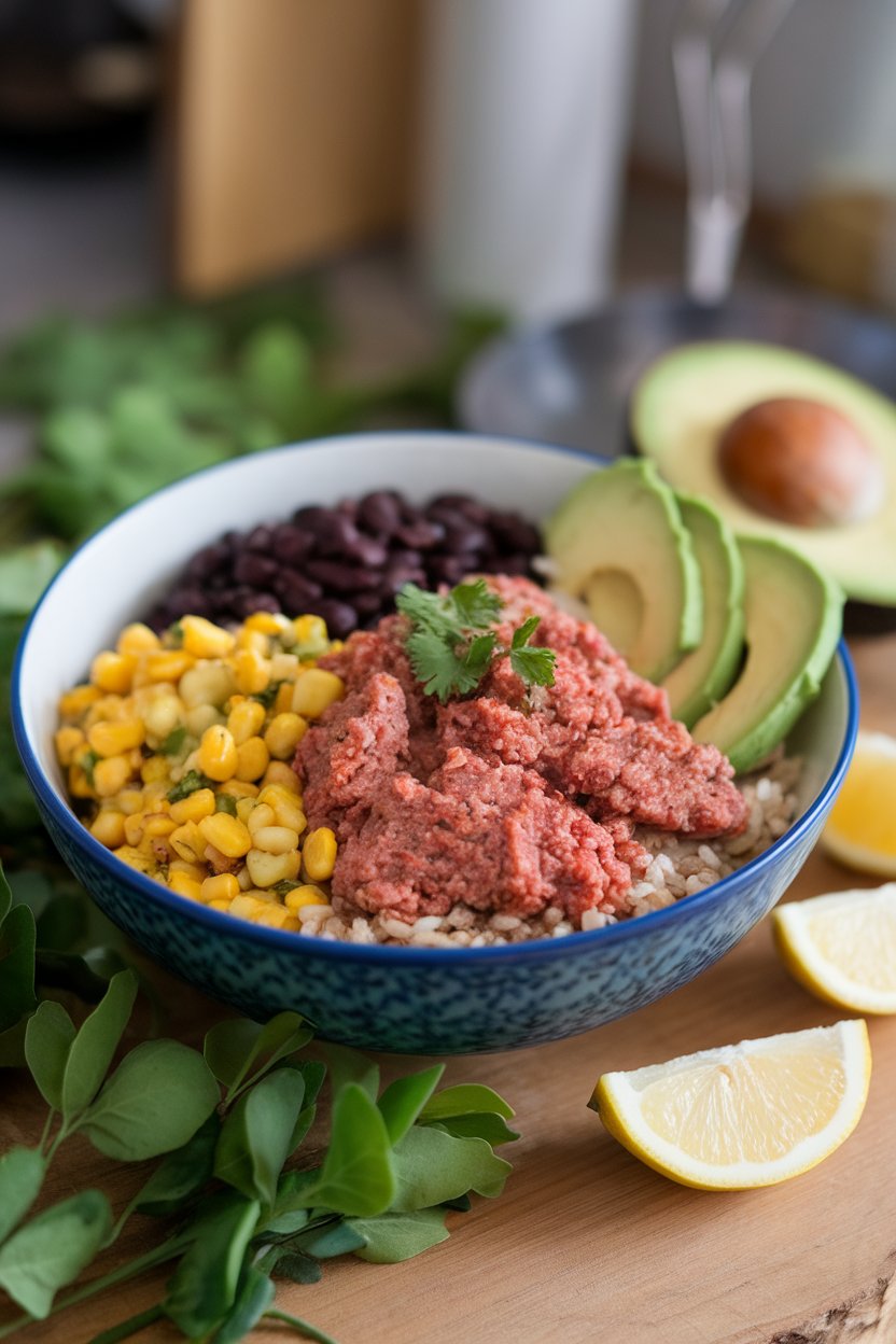 Indoor photo of a bowl containing seasoned ground turkey, brown rice, corn salsa, black beans, and avocado slices. No text or logos.