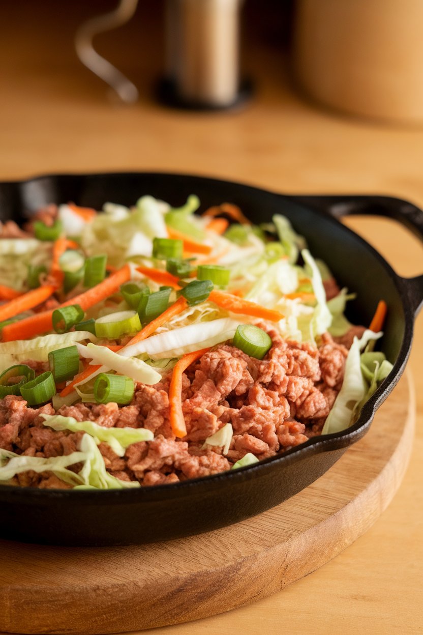 An indoor skillet filled with ground turkey, shredded cabbage, carrots, and green onions in a light soy glaze. No text or branding. Photo.