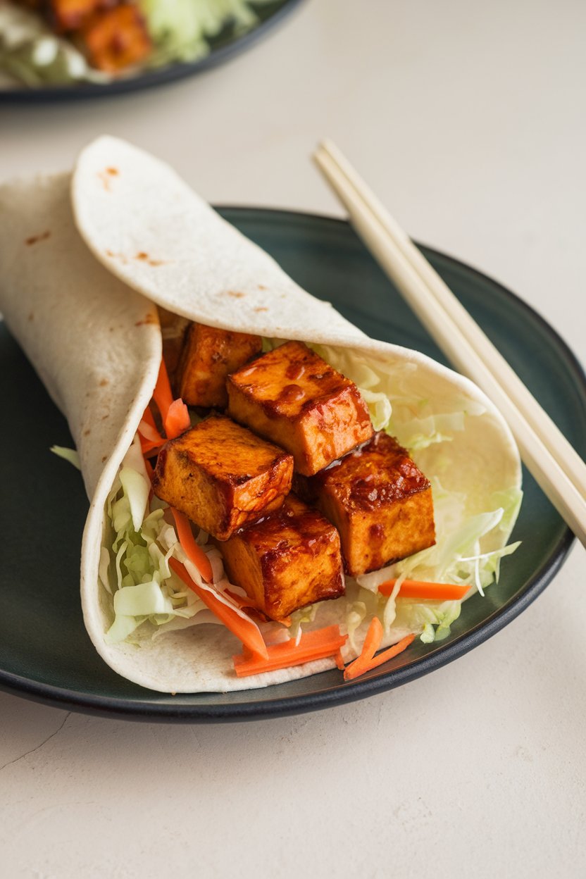 Indoor plate with a wrap loaded with pan-seared tofu cubes glazed in sriracha, shredded cabbage, and carrot ribbons. No text or logos.
