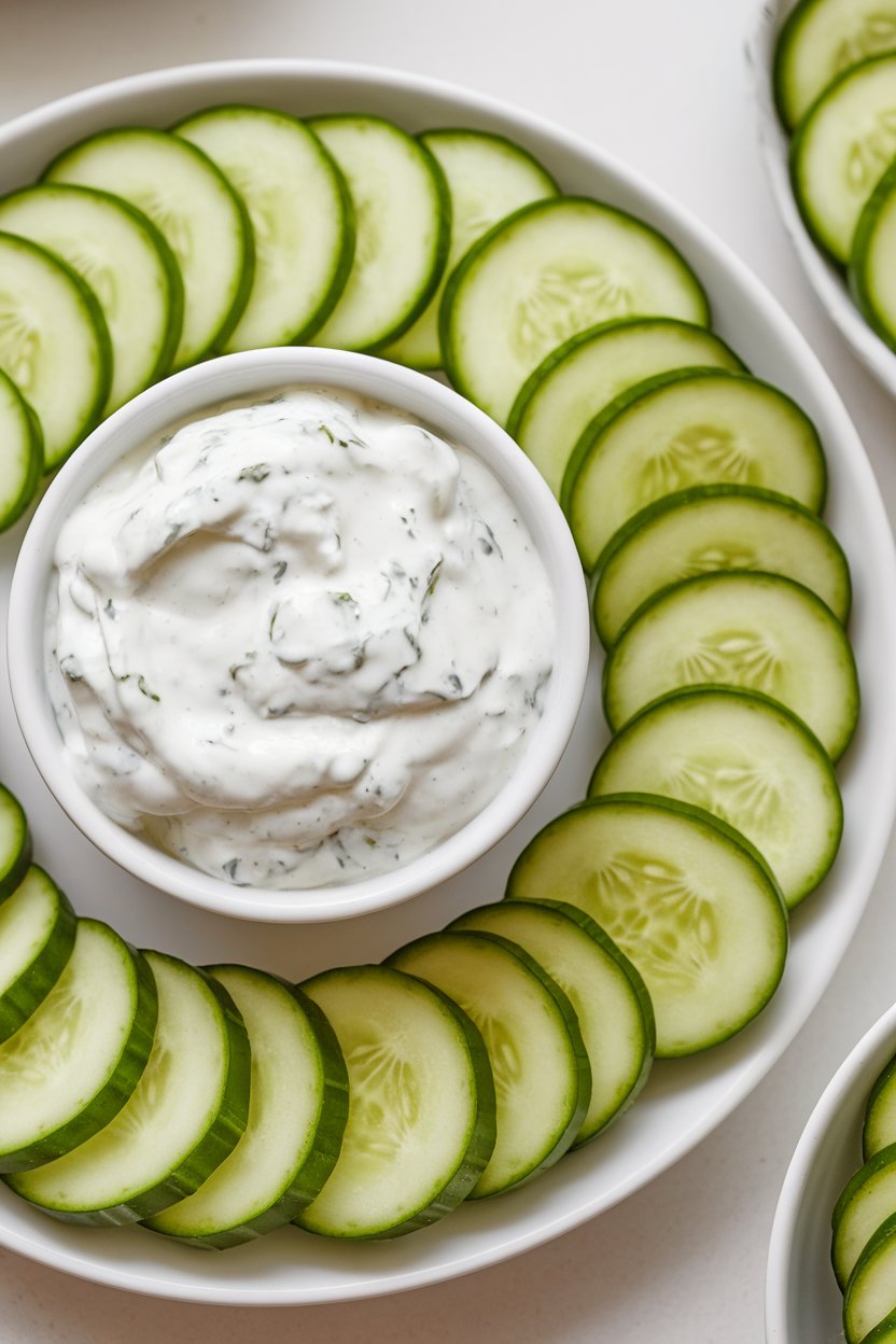 Photo of an indoor snack plate containing cucumber rounds beside a bowl of creamy Greek yogurt ranch dip, no text or logos