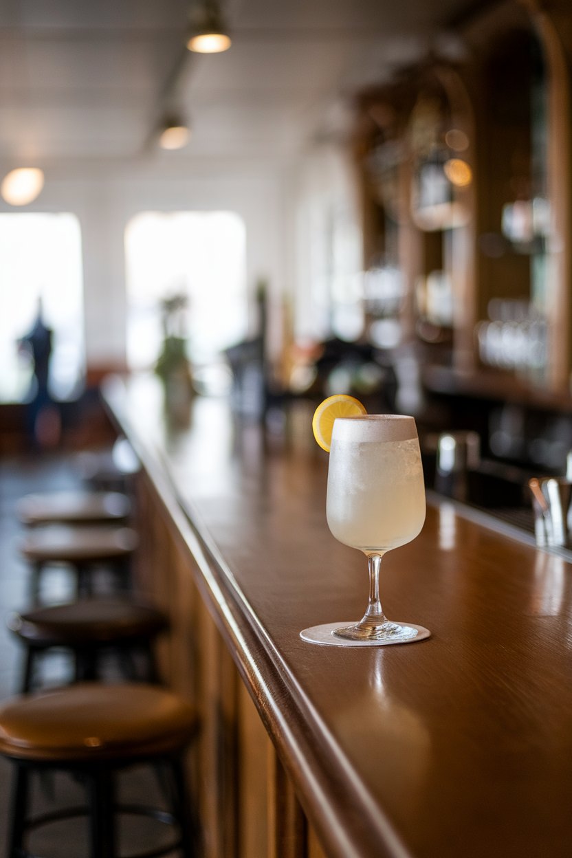 An indoor vintage bar with a Collins glass Sloe Gin Fizz, tight white foam on top and lemon wheel. No text or logos.