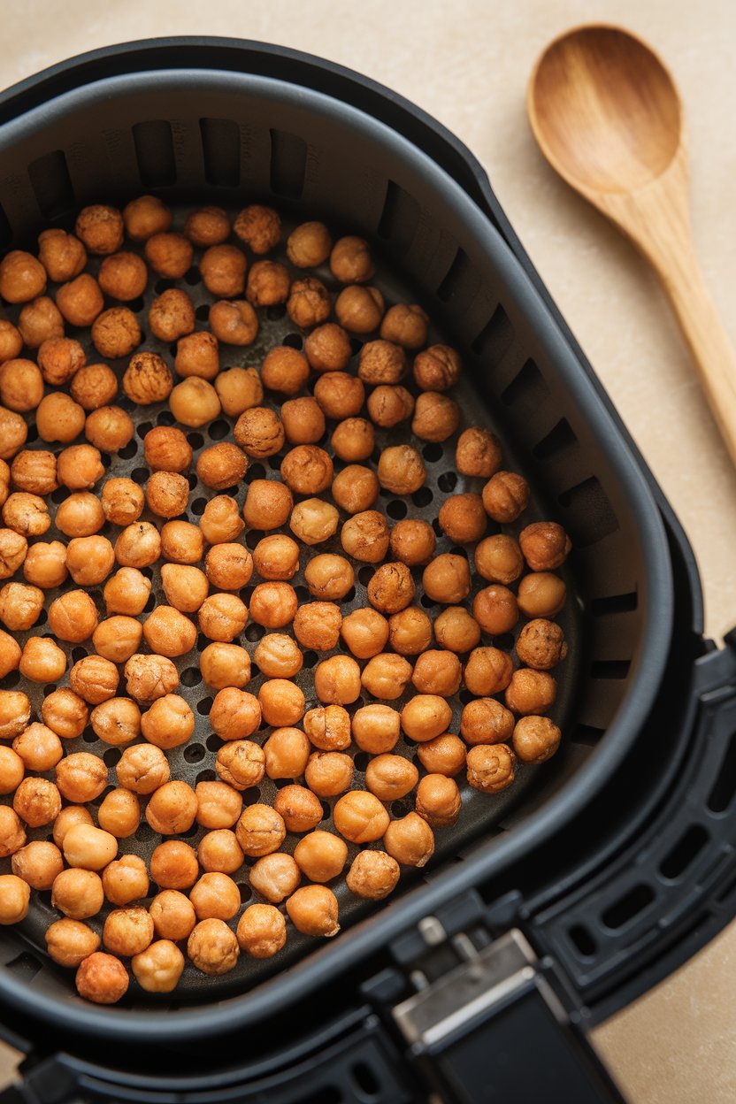Indoor air-fryer basket filled with crispy chickpeas just finished cooking, no logos visible.