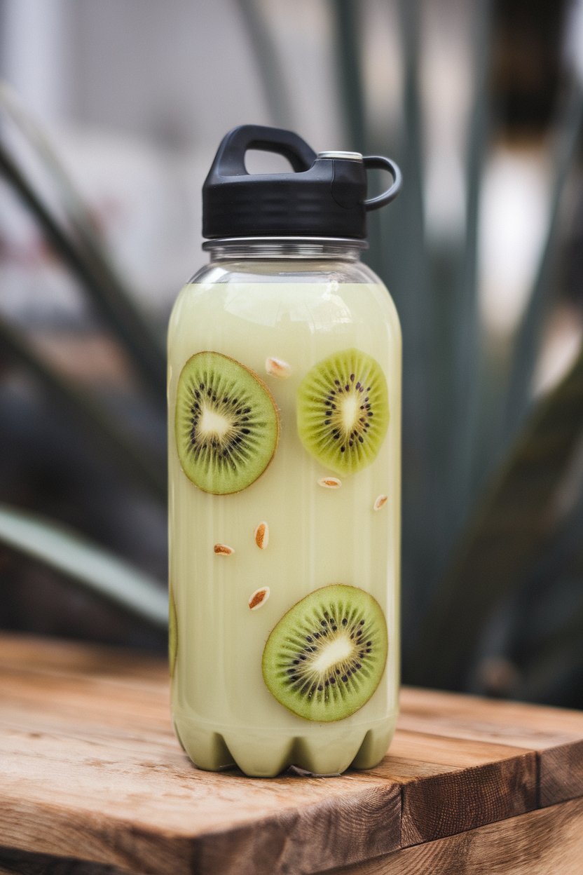 A photo of an indoor sports bottle filled with pale green drink, kiwi seeds visible; no text or logos.