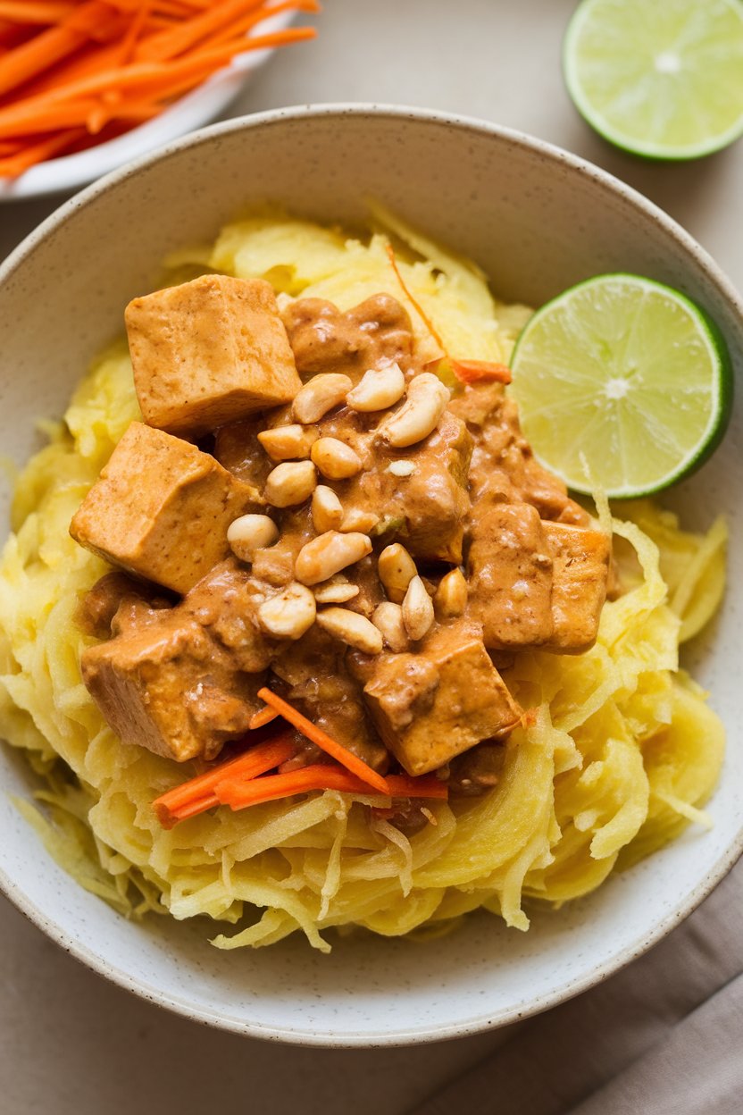 An indoor bowl of spaghetti squash strands tossed in tamarind-peanut sauce with tofu cubes and shredded carrots, lime wedge on side. No text or logos; photo, not illustration.