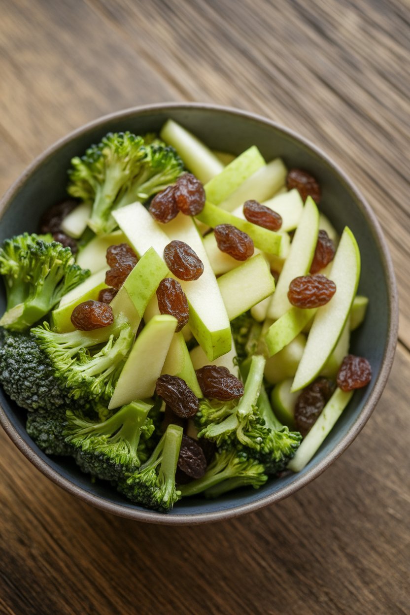 An indoor bowl containing matchstick-cut broccoli stems, green apple strips, and raisins, dressed lightly. Photo, no text or logos.
