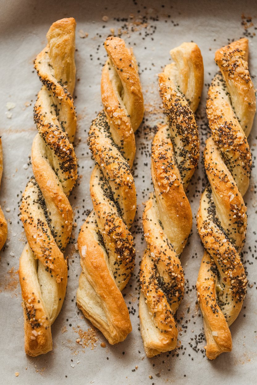 Twisted puff pastry straws coated with everything bagel seasoning on an indoor parchment paper. No text or logos. Photo.