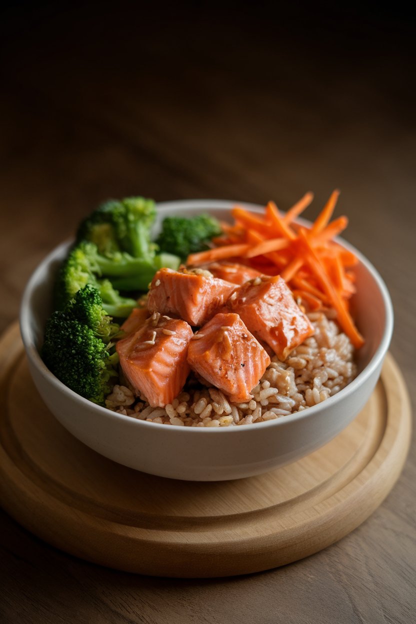 Indoor photo of a grain bowl holding cooked teriyaki-glazed salmon chunks, brown rice, steamed broccoli, and shredded carrots; gentle spotlight; no text or logos.