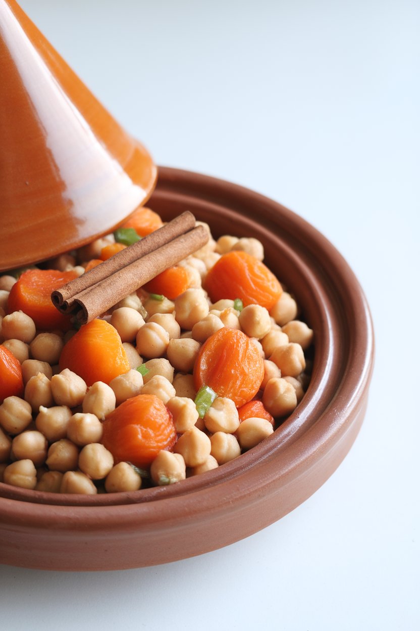 Indoor food photo of colorful chickpea tagine with apricots and carrots in a clay-tone bowl, cinnamon stick on top; no text or logos.