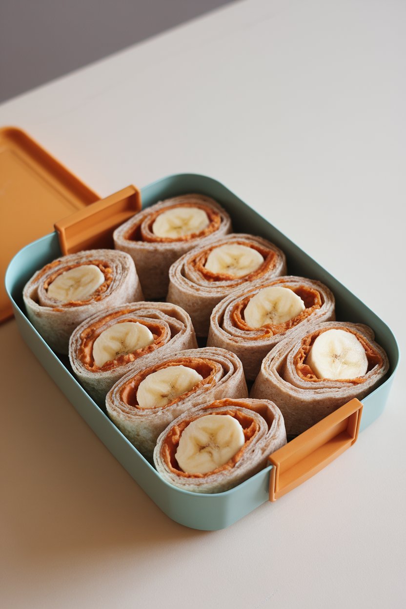 An indoor breakfast-nook table displaying sliced whole-wheat tortilla roll-ups filled with sunflower seed butter and banana rounds, neatly arranged in a lunchbox. Photo only, no branding.