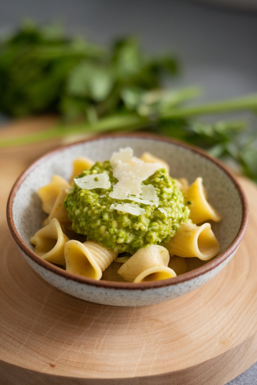 A small indoor bowl of short pasta coated in bright green pea pesto, tiny parmesan sprinkle on top; no text or logos.