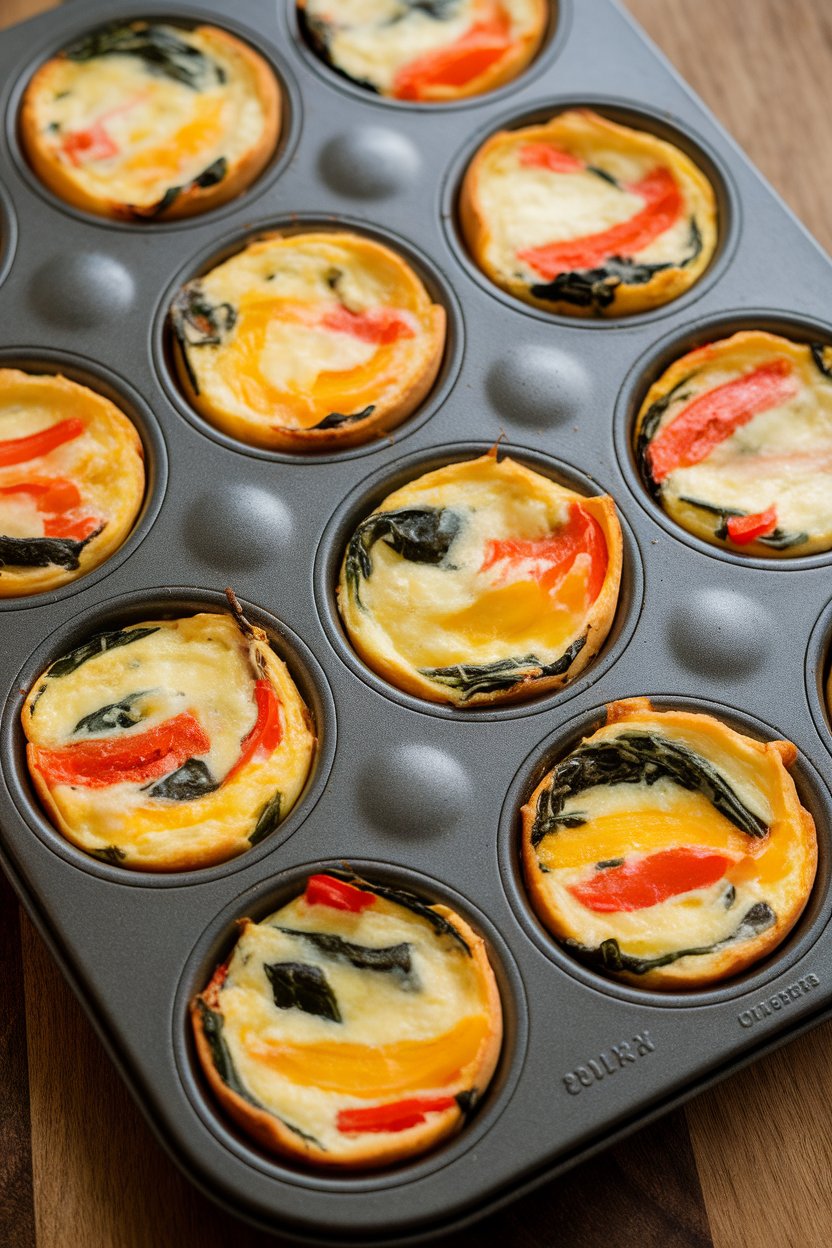 Indoor muffin tin with individual crustless mini quiches studded with peppers and spinach, golden tops. No visible text or logos.