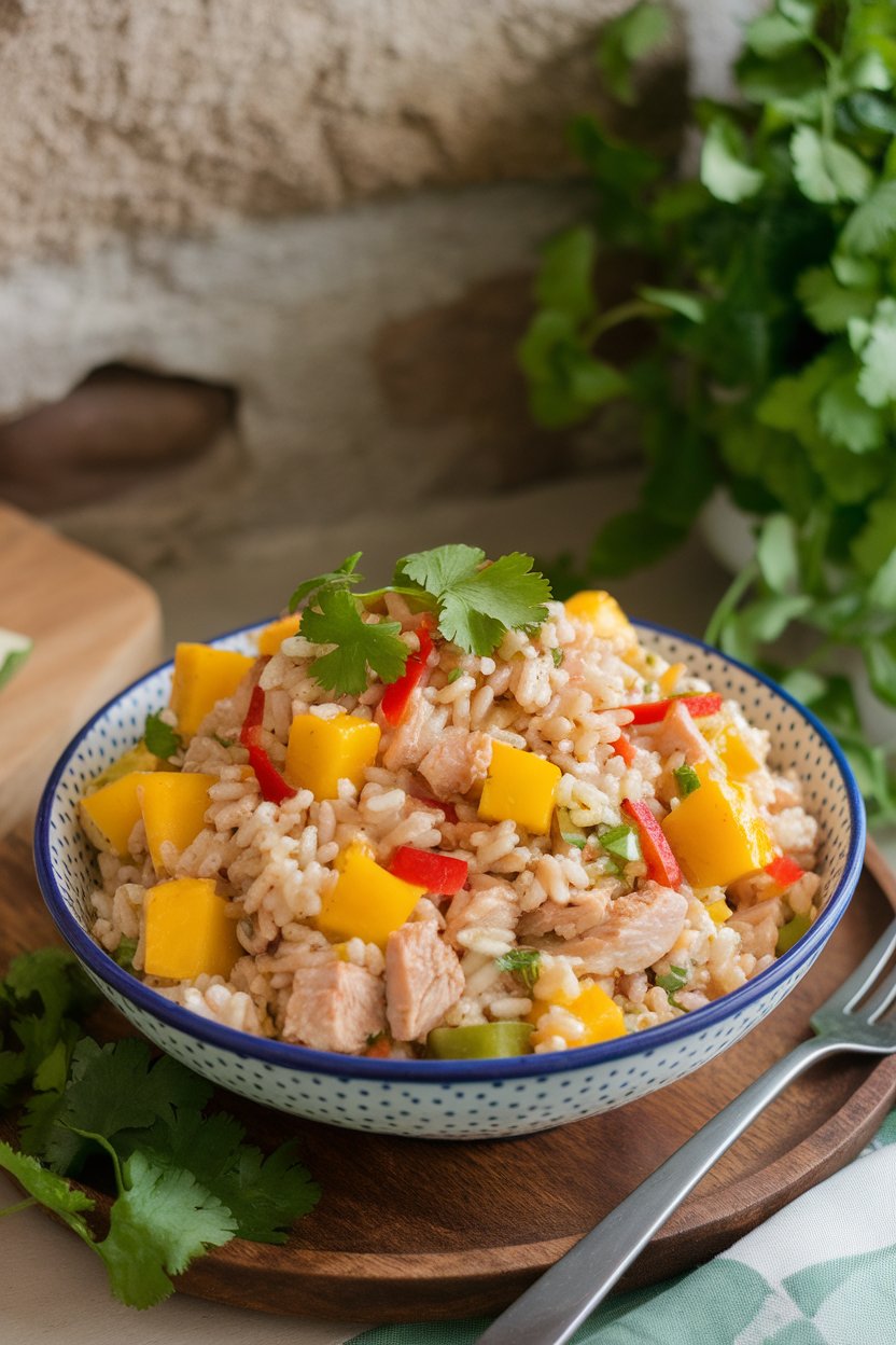A chilled indoor salad bowl featuring brown rice tossed with diced chicken, mango cubes, red pepper, and cilantro. No text or logos. Photo.